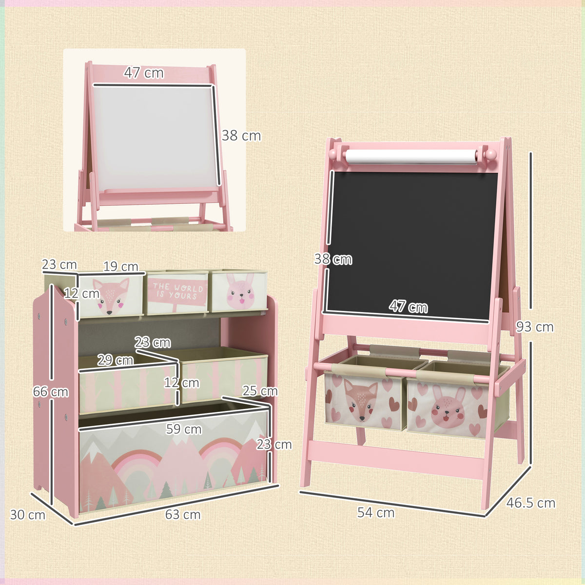 Tableau chevalet double-face rouleau papier 2 paniers + meuble à jouets de rangement à 6 boîtes, 63 x 30 x 66 cm, rose-2