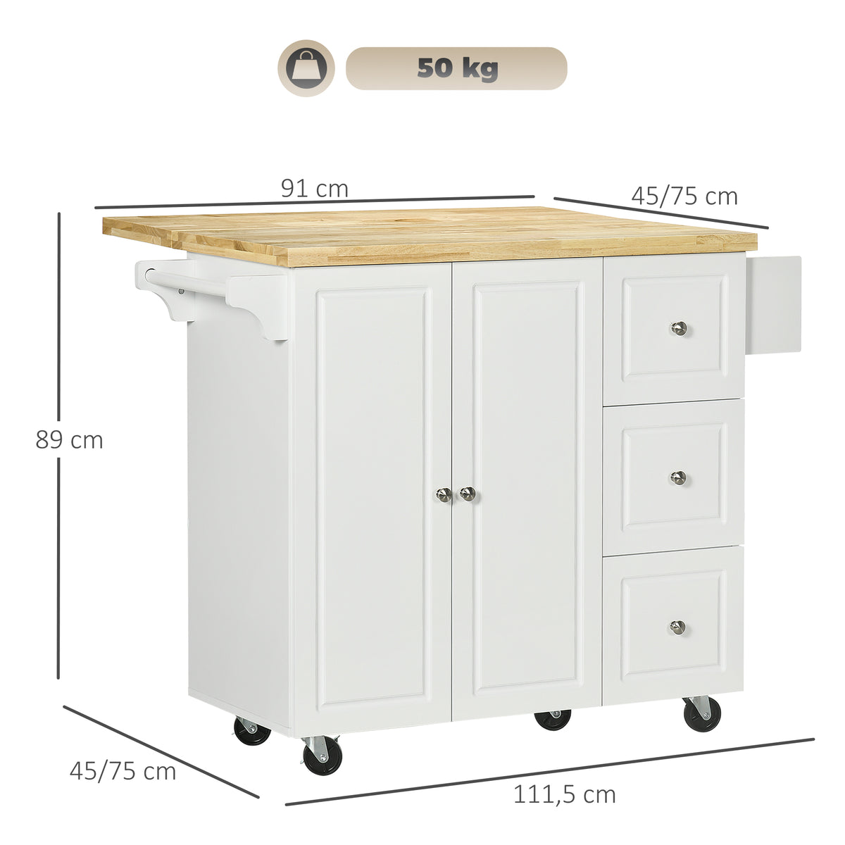 Desserte îlot de cuisineplateau rabattable 3 tiroirs 1 placard porte-torchons et porte-épices 111,5 x 75 x 89 cm blanc-2