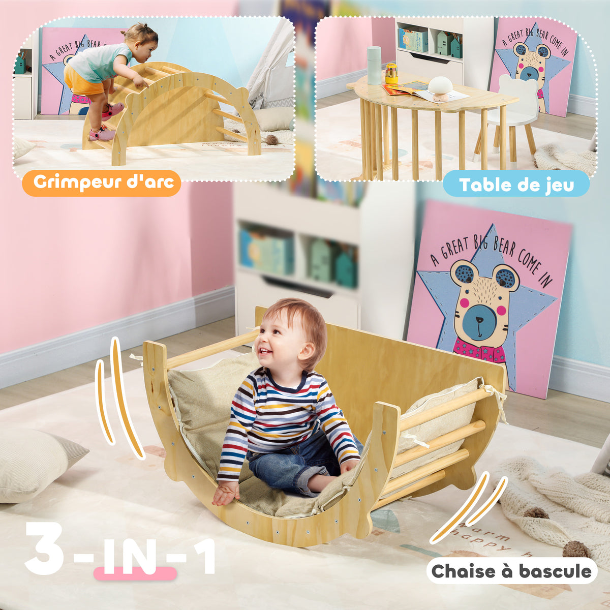 3 en 1 Arche d'escalade fauteuil à bascule et table de jeu coussin, en bois naturel, pour enfants de 18 à 48 mois-3