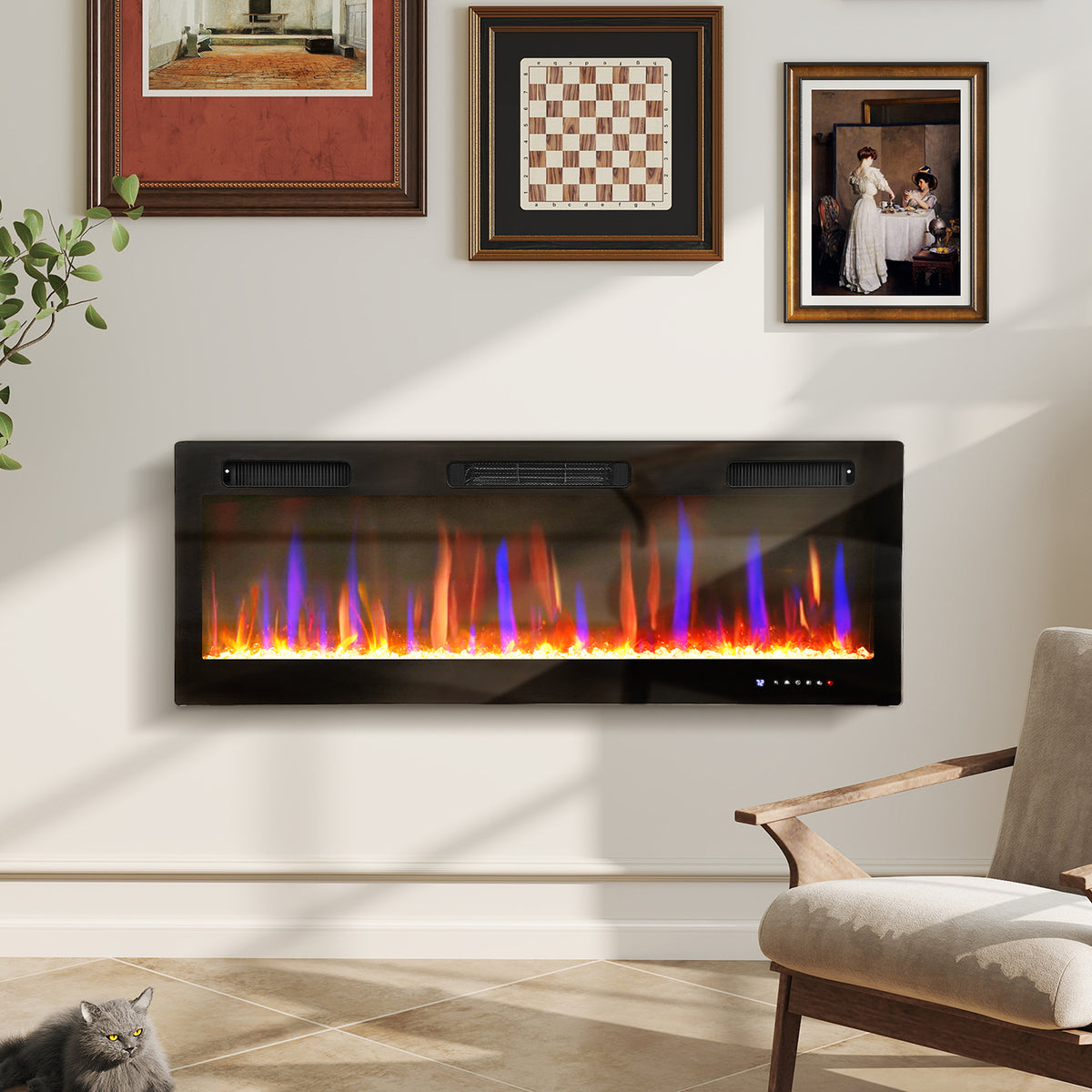 Cheminée électrique mural ou encastrable 900W/1800W, effet flamme à 12 couleurs 5 luminosités, 127 x 9,4 x 47 cm, noir-9