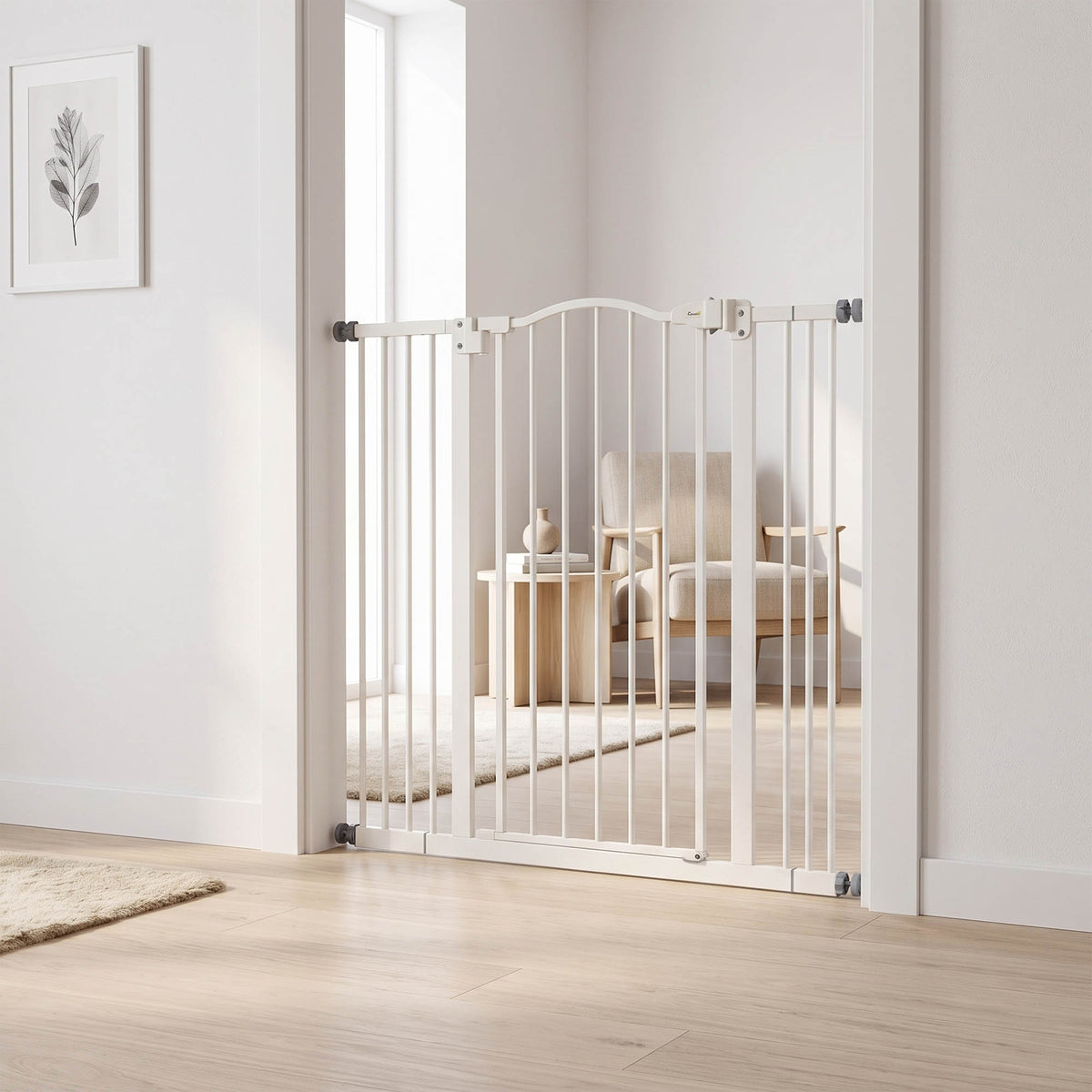 Barrière de sécurité pour chien extensible 74-100 cm fermeture automatique fixation par pression sans percer blanc-1