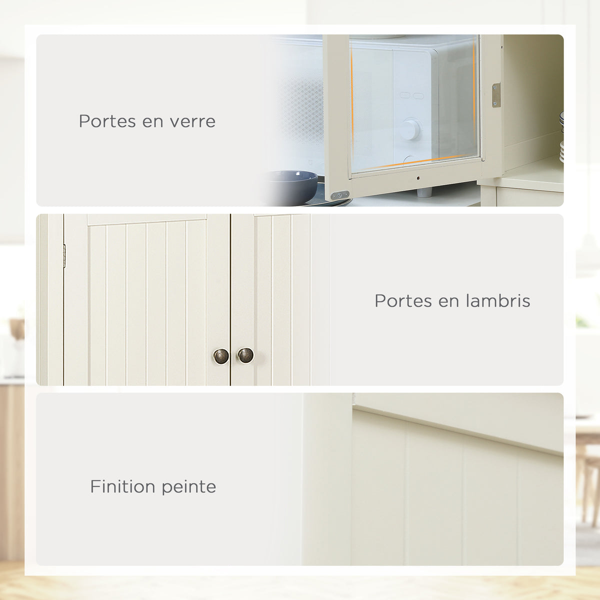 Buffet meuble cuisine rangement armoire de cuisine 4 portes dont 2 portes vitrées et 1 tiroir hauteur 182,5 cm avec étagères réglables - beige-4