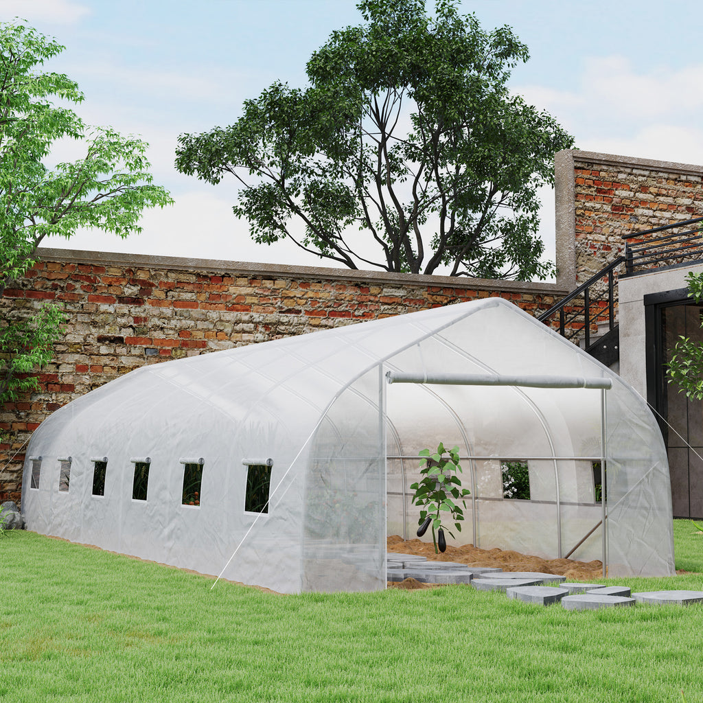 Serre de jardin tunnel grande taille avec bâche PE cadre en acier porte enroulable et 12 fenêtres 8 x 3 x 2 m blanc-1