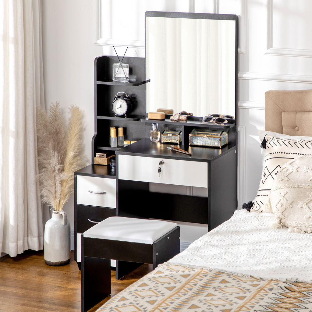 Ensemble de coiffeuse table de maquillage avec tabouret rembourré grand miroir + plusieurs étagères ouvertes + 4 tiroirs blanc noir-1