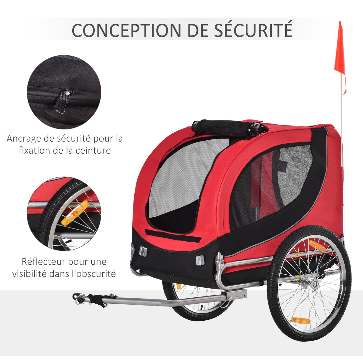Remorque velo pour chien animaux avec 8 reflecteurs drapeau rouge noir-6