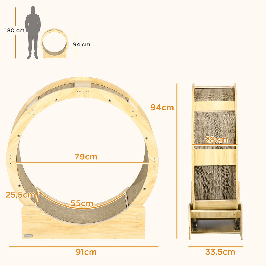 Roue de course pour chat d'intérieur tapis roulant avec frein coussins de grattage diamètre 91 cm naturel-2