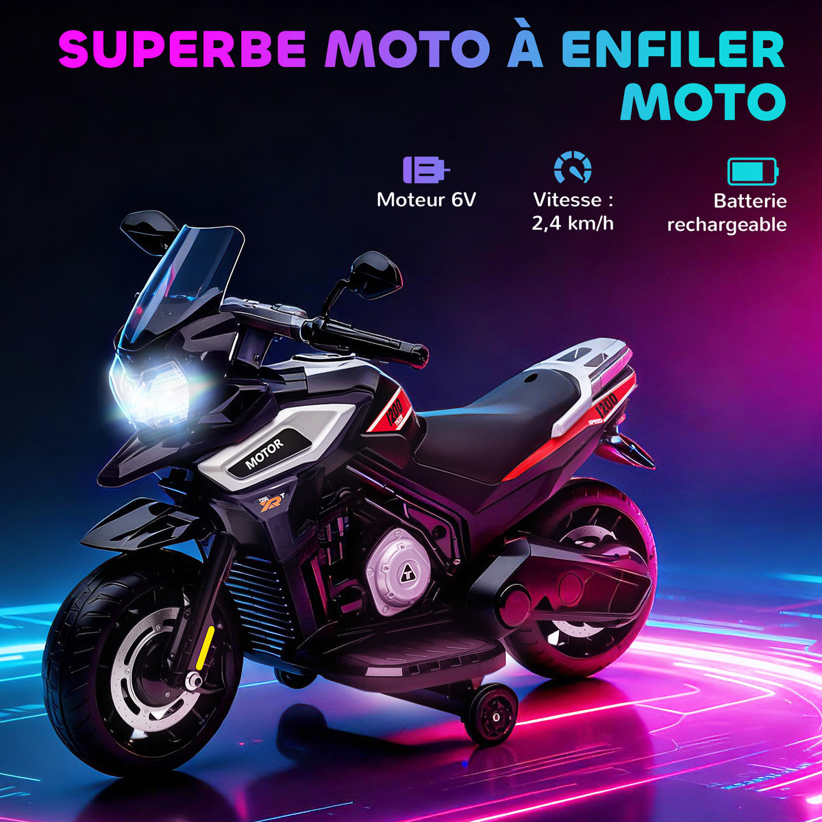 Moto électrique enfants 6 V, voiture électrique enfants avec roues d'entraînement, musique, effets lumineux, noir-3