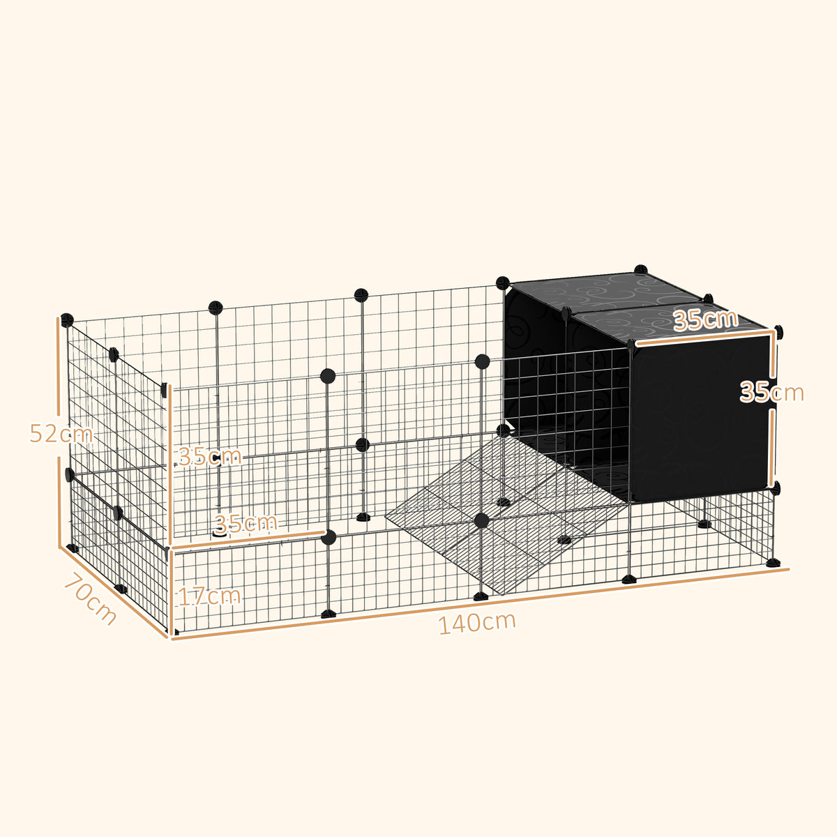 Enclos pour petits animaux, cage à lapin modulable 31 panneaux avec niches surélevées, en acier, 140x70x52cm, noir-2