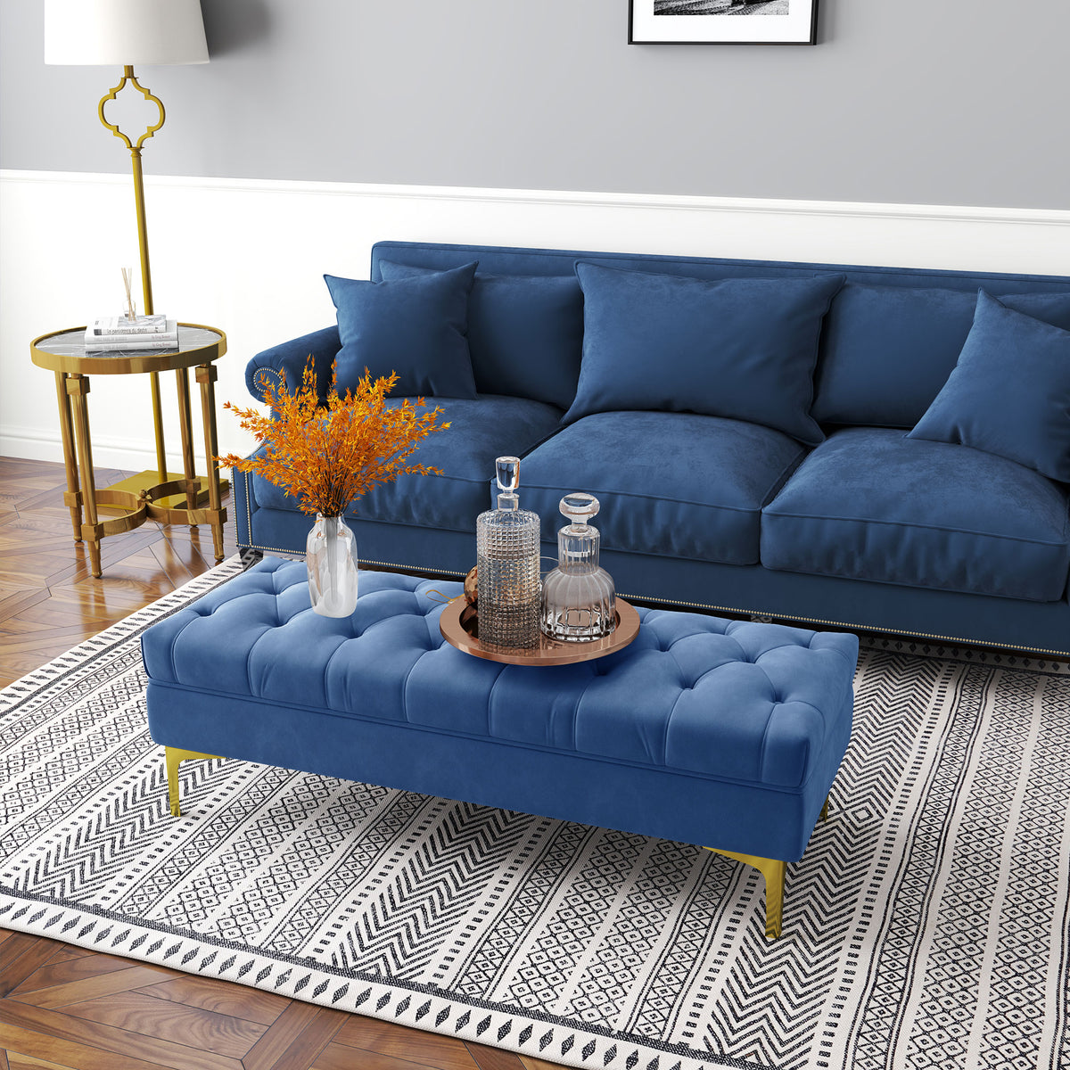 Banc banquette capitonnée bout de lit style classique chic 118L x 45l x 42H cm piètement métal doré velours bleu-6