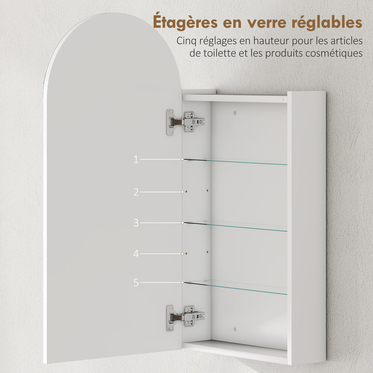 Armoire murale salle de bain avec miroir, meuble salle de bain sans cadre en arche et étagères en verre réglables, blanc-4