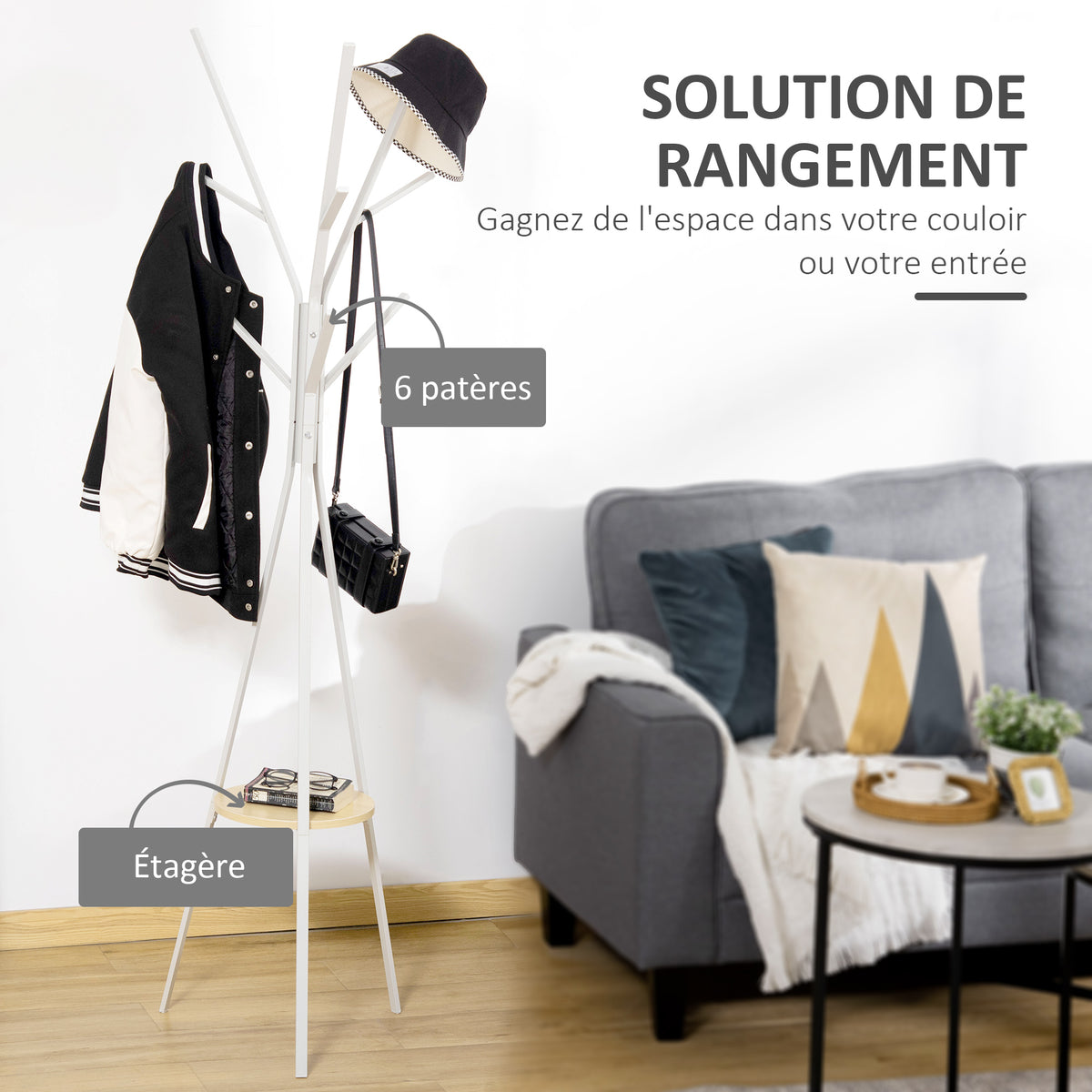 Porte-manteau trépied design contemporain branches étagère + 9 patères dim. 45L x 45l x 180H cm métal blanc-3