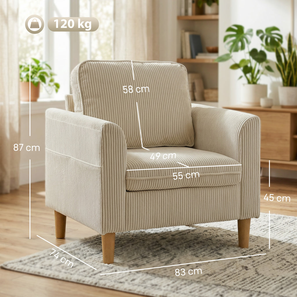 Fauteuil de salon en velours côtelé, canapé 1 place rembourré avec assise large et coussin à ressorts, 83x74x87cm, beige-2