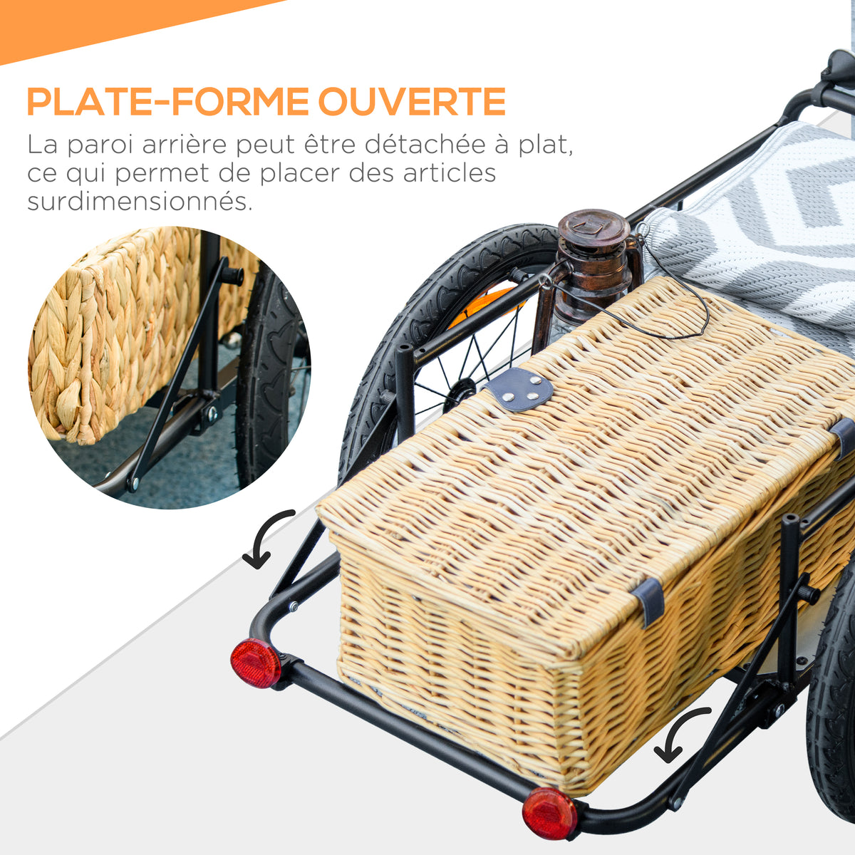 Remorque à vélo avec coffre de rangement amovible et pliable de 65L, réflecteurs de sécurité, charge max. 40KG, noir-4