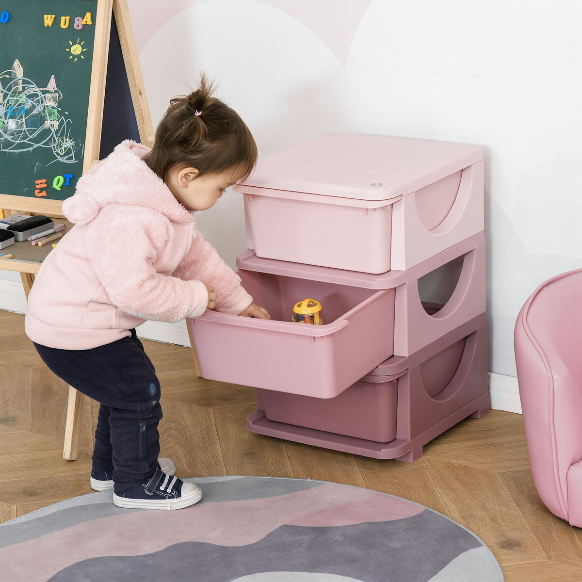 Organisateur de jouets pour enfants avec tiroirs à 3 niveaux, boîtes de rangement en plastique, 37 x 37 x 56,5 cm, rose-1