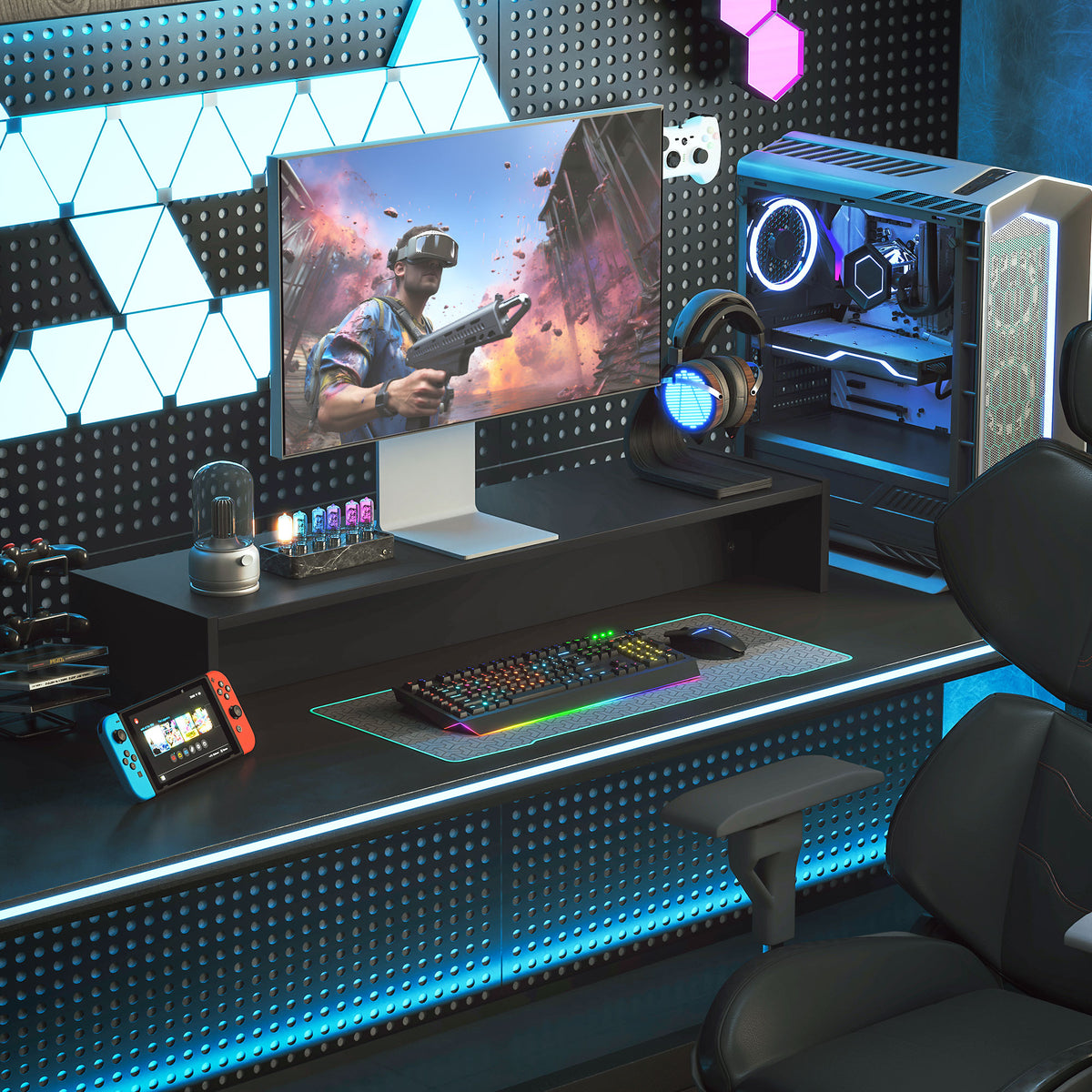 Rehausseur écran PC bureau support d'écran d'ordinateur de 100 cm support moniteur avec deux compartiments, noir-7