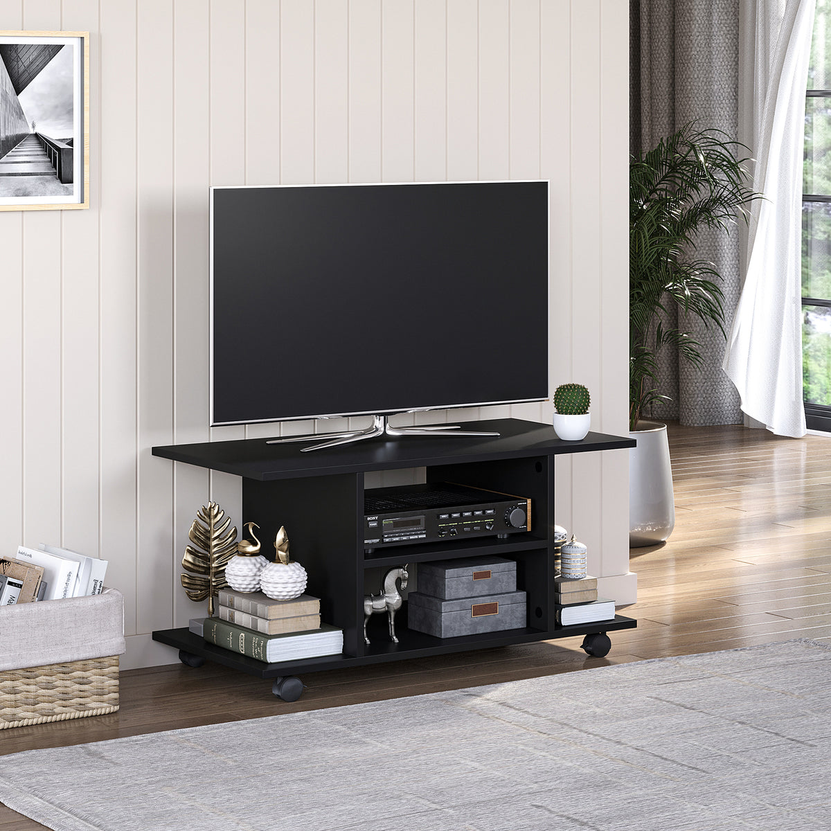 Meuble TV avec Roulettes 80 cm, Meuble Télé pour Téléviseur jusqu'à 42 Pouces avec Étagères Ouvertes, Style Moderne, Banc TV pour Salon, Chambre, Noir-1