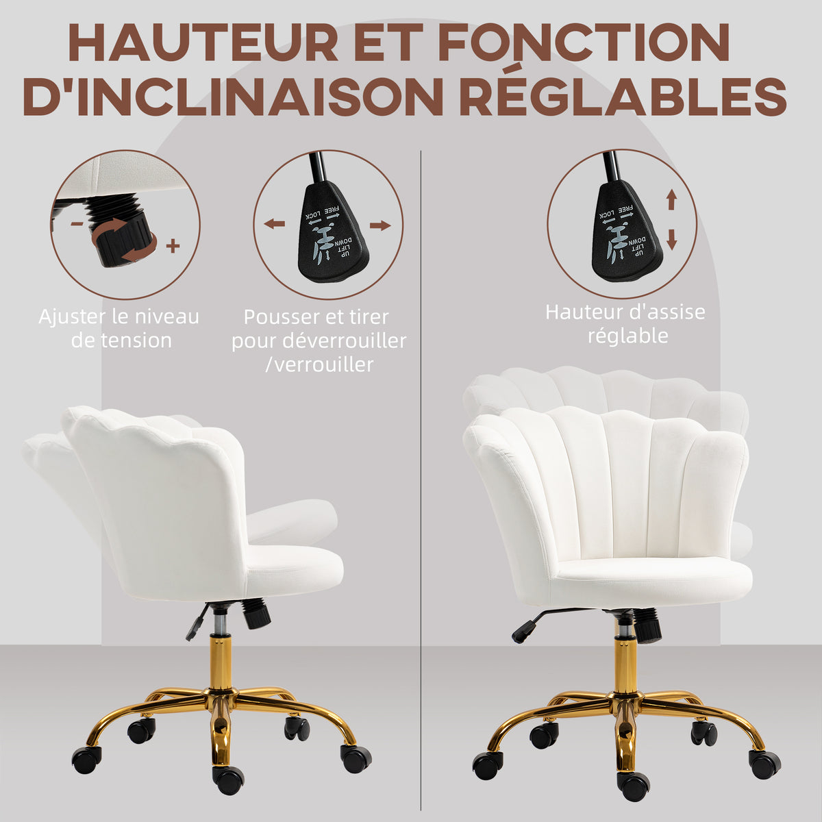 Chaise bureau en velours, chaise coiffeuse avec dossier en pétale, hauteur réglable, 69 x 64 x 80-90 cm, blanc-3