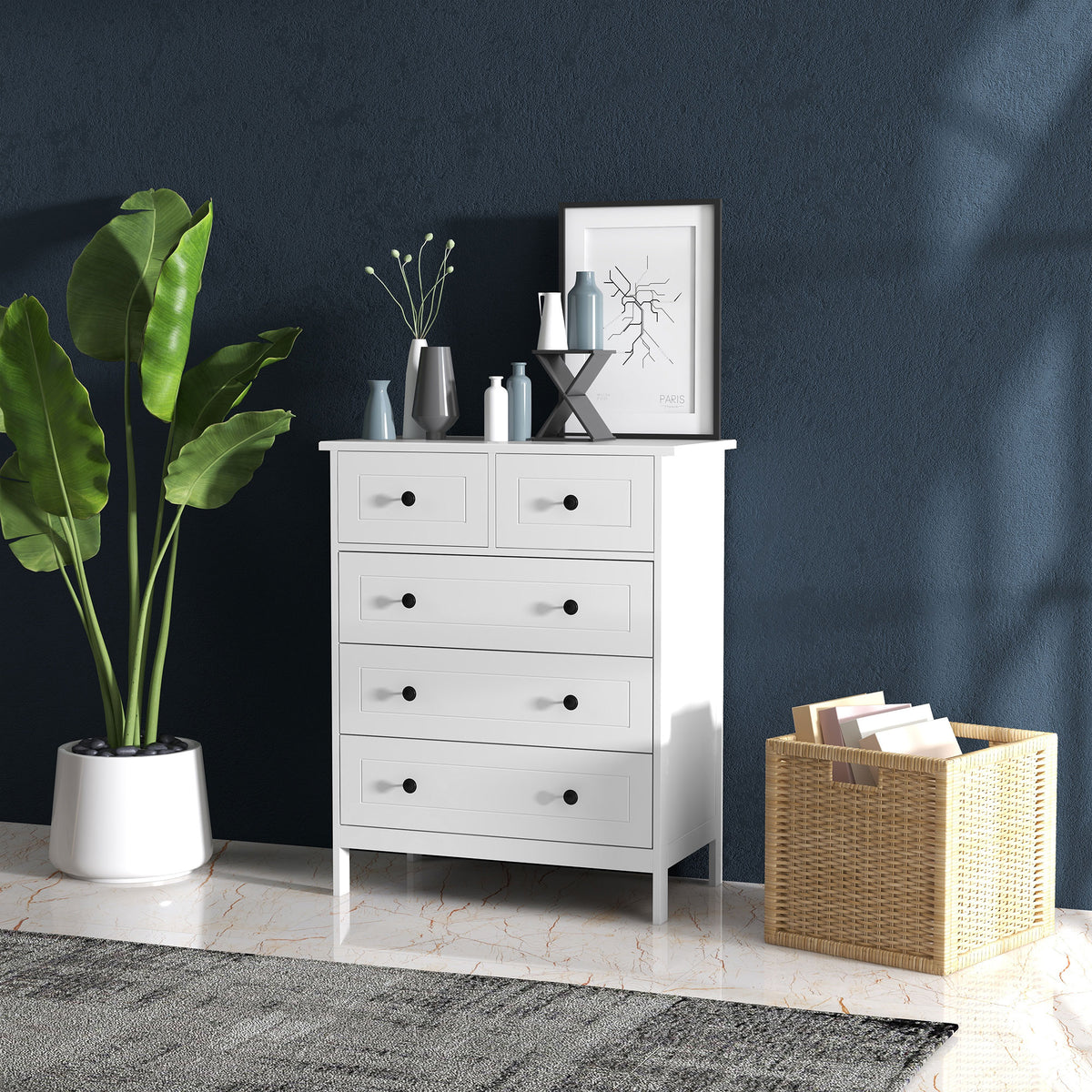 Commode meuble de rangement 5 tiroirs pour chambre, bureau, entrée, blanc et poignée métal noir-9