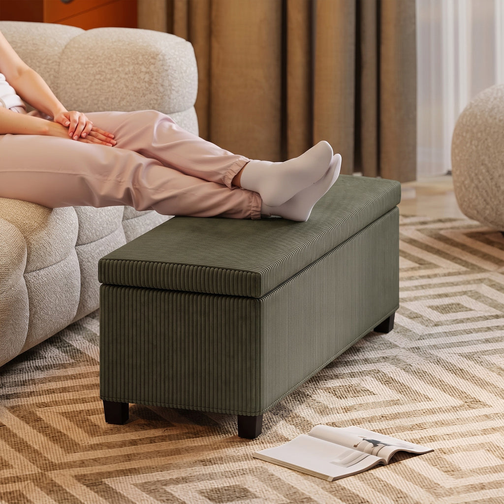 Banc de Rangement, Bout de Lit en Velours Côtelé avec Couvercle, pour Salon, Chambre, Entrée, 112x42x40 cm, Vert Clair-8