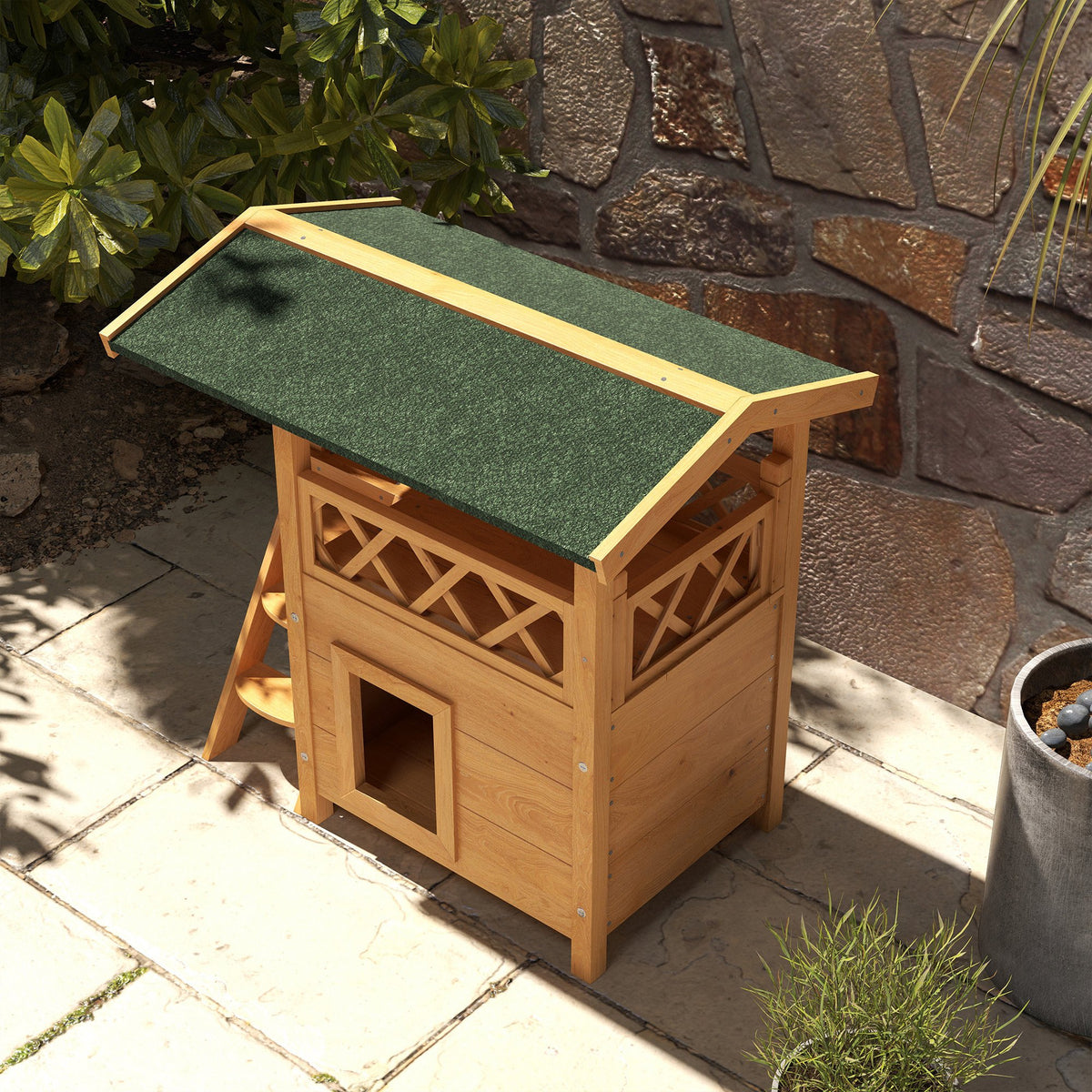Cabane Chat Extérieur avec Terrasse, Escalier, Toit, Niche Villa, 77 x 50 x 73 cm Bois Naturel et Vert-8