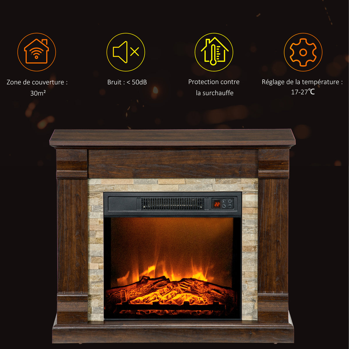 Cheminée électrique, cheminée décorative 1800W effet flamme, luminosité et température réglables, 80x21,6x67,8cm, marron-6