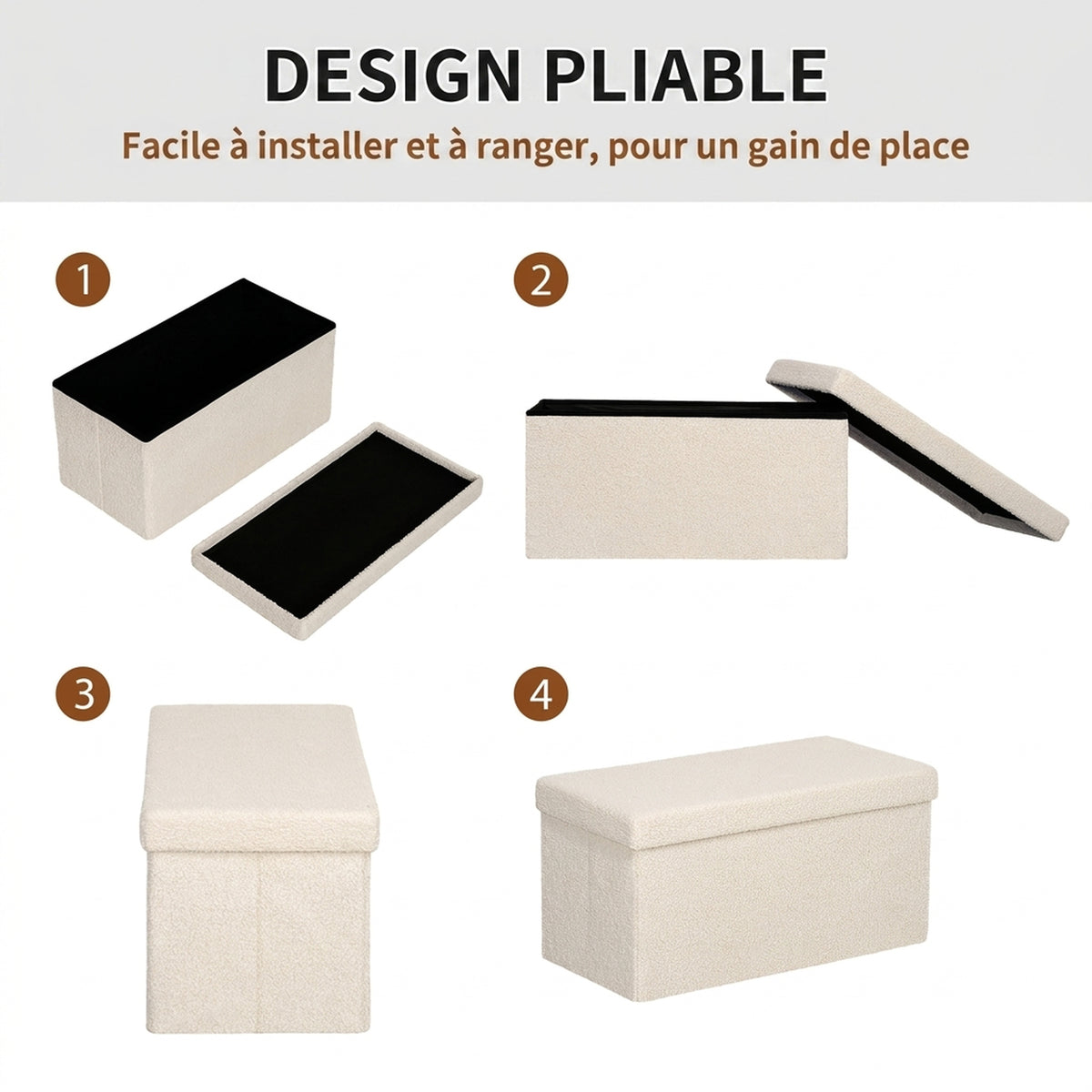 Banc de Rangement 84 L, Pouf Pliable Rembourré en Peluche Teddy, Bout de Lit, Charge 120 kg, 76 x 38 x 38 cm, Crème-4