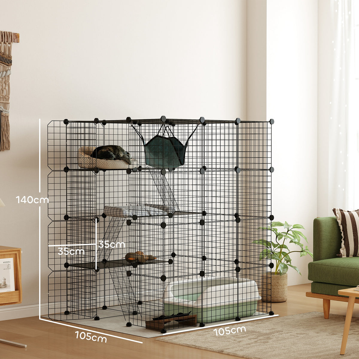Clôture pour animaux domestiques lapin enclos intérieur 4 niveaux modulable panneaux grillagés 105 x 105 x 140 cm noir-2