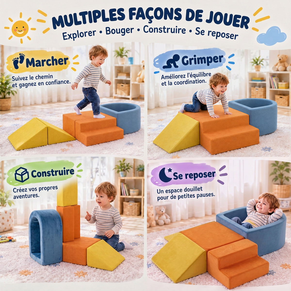 Parcours Motricité Bébé 5PCS, Module Motricité Bébé en Mousse, Piscine à Balles, Housse en Velours Lavable, Multicolore-4