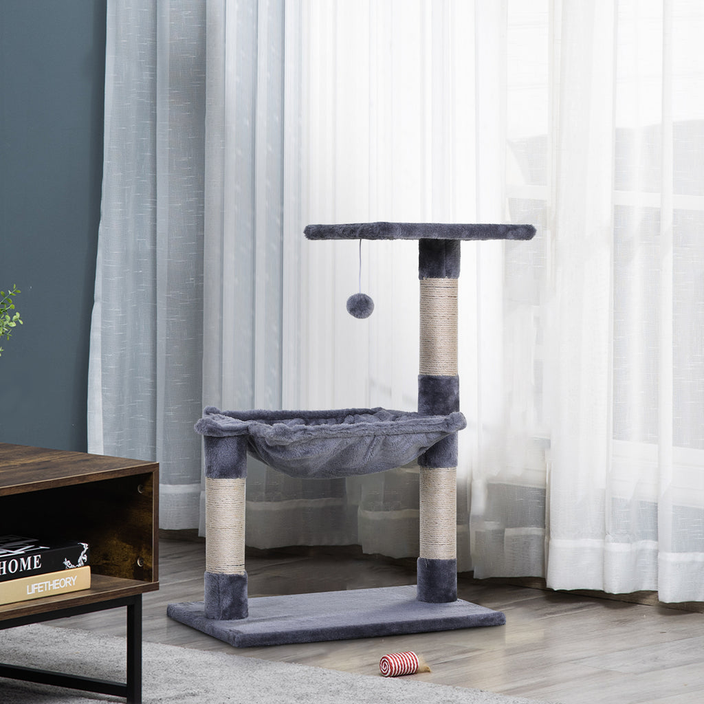 Arbre à chat 3 griffoirs grattoirs sisal naturel plateforme hamac et boule suspendue dim. 50L x 36l x 70H cm peluche courte gris-9