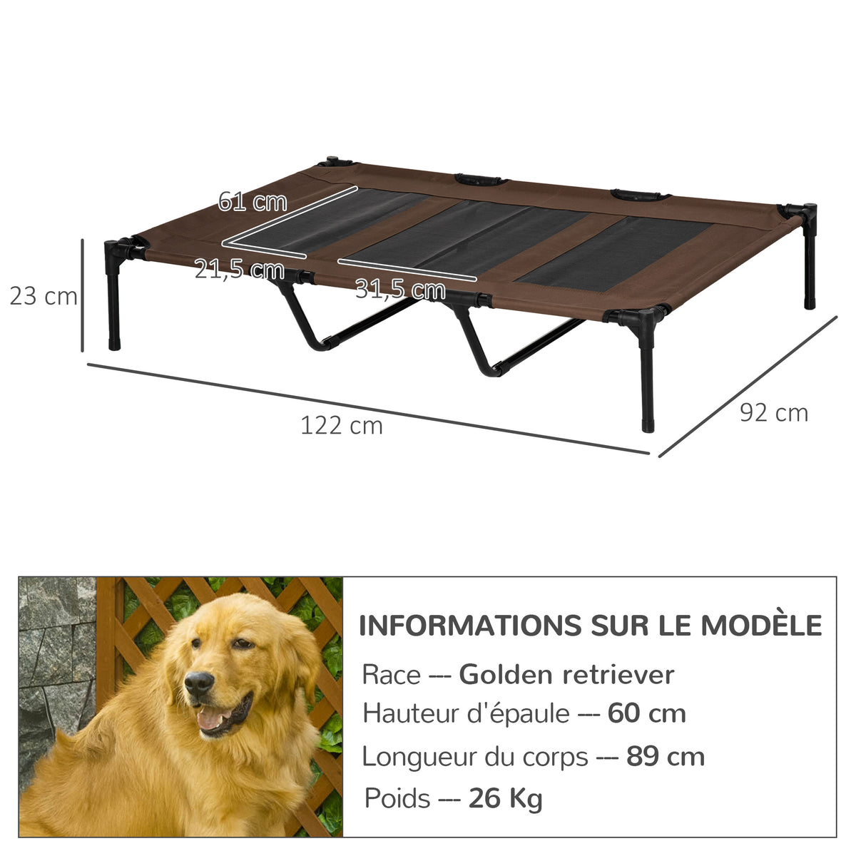 Lit sur pieds XXL pour chien chat lit de camp animal 122L x 92l x 23H cm marron clair-2