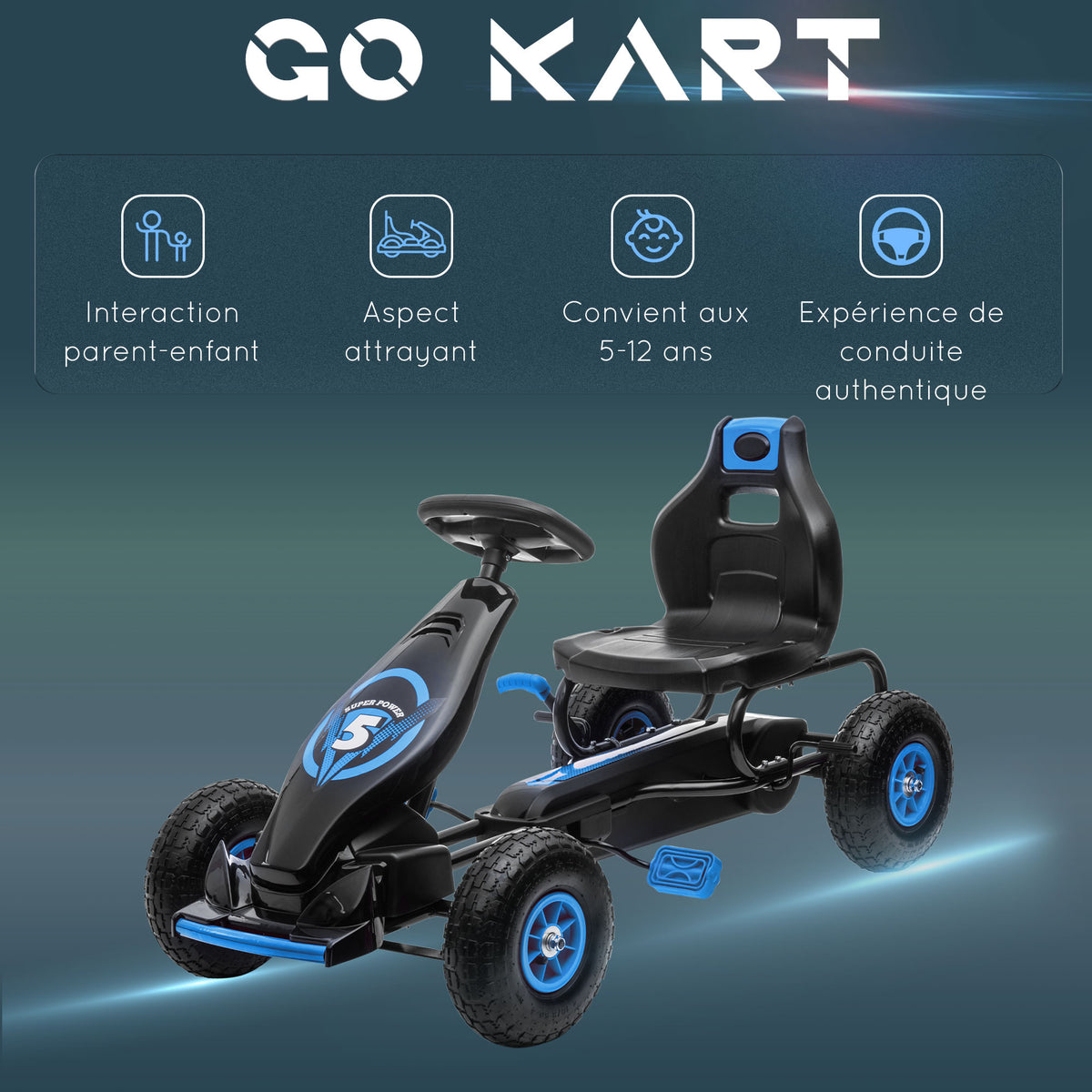 Kart à pédales pour enfant siège réglable 3 positions frein à main enfant de 5 à 12 ans bleu noir-7