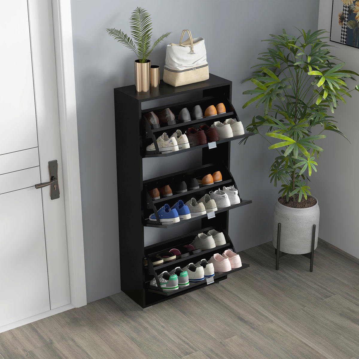 Meuble à Chaussures Armoire à chaussures 3 Portes abattantes 3 Compartiments en bois 60L x 26I x 124H cm Noir-5