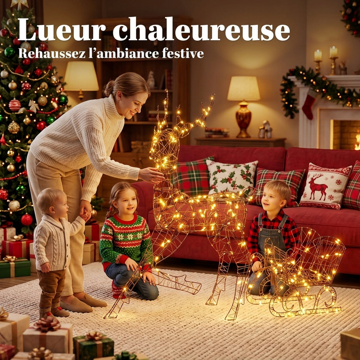 Renne de Noël avec Traîneau Lumineux 2 Pièces en Rotin PP, 175 LED Blanc Chaud, 8 Modes, Minuterie, 82x32x120cm, Marron-3