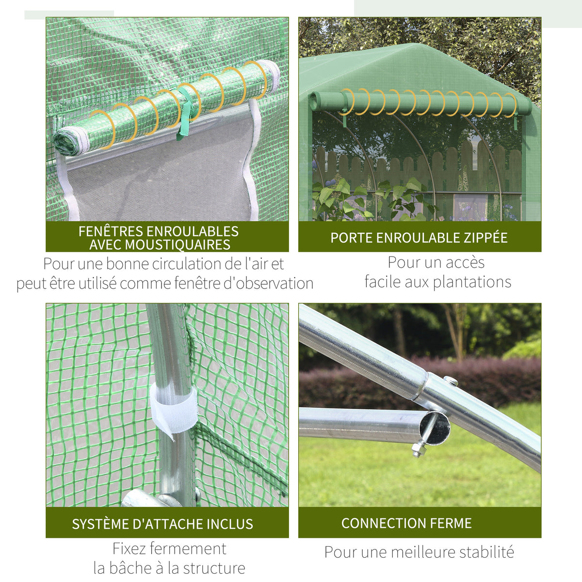 Serre Tunnel de Jardin Grande 3.5 x 3 x 2 m - 6 fenêtres et Porte zippée Enroulable - Acier galvanisé PE Haute densité Vert-4