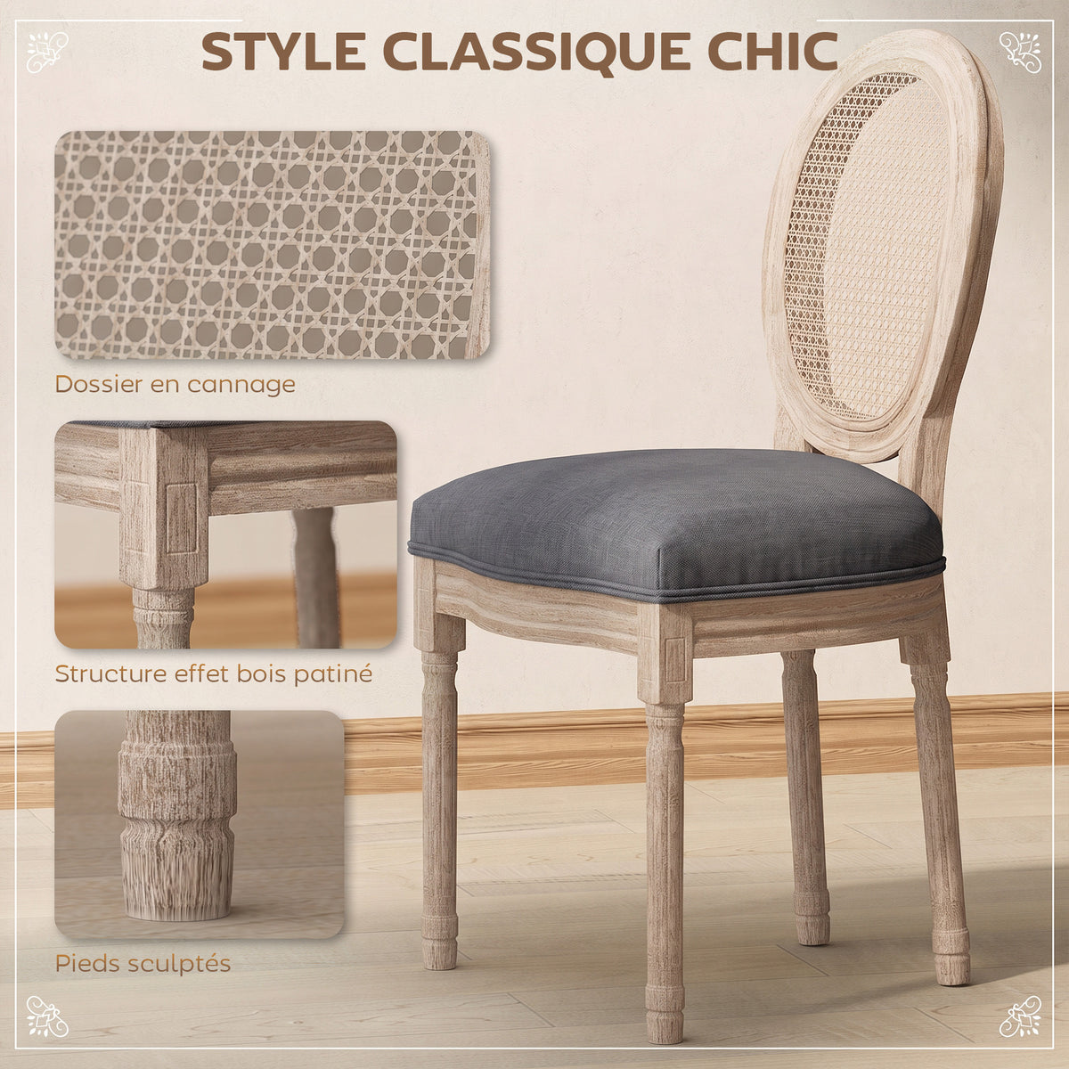 Lot de 2 chaises de Salle à Manger - Chaise de Salon médaillon Style Louis XVI - Bois Massif sculpté, patiné-3