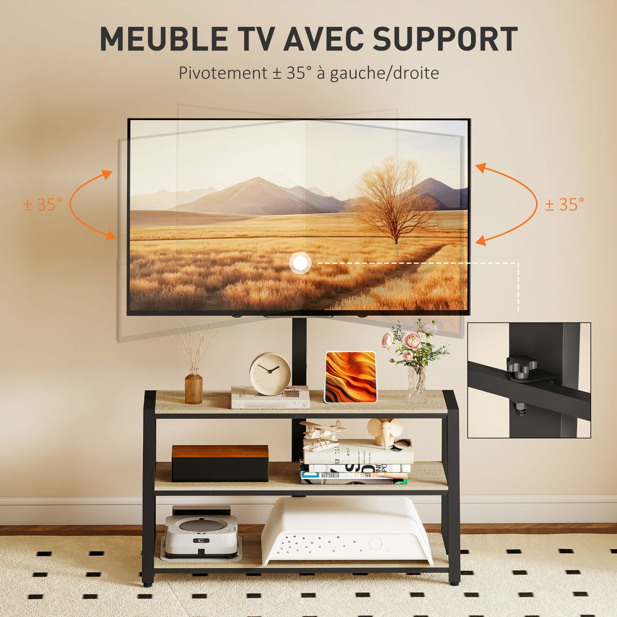 Meuble TV avec support pour téléviseurs de 32-70 pouces, étagères ouvertes, angle ajustable 35°, 108x41x135cm, effet bois naturel-3