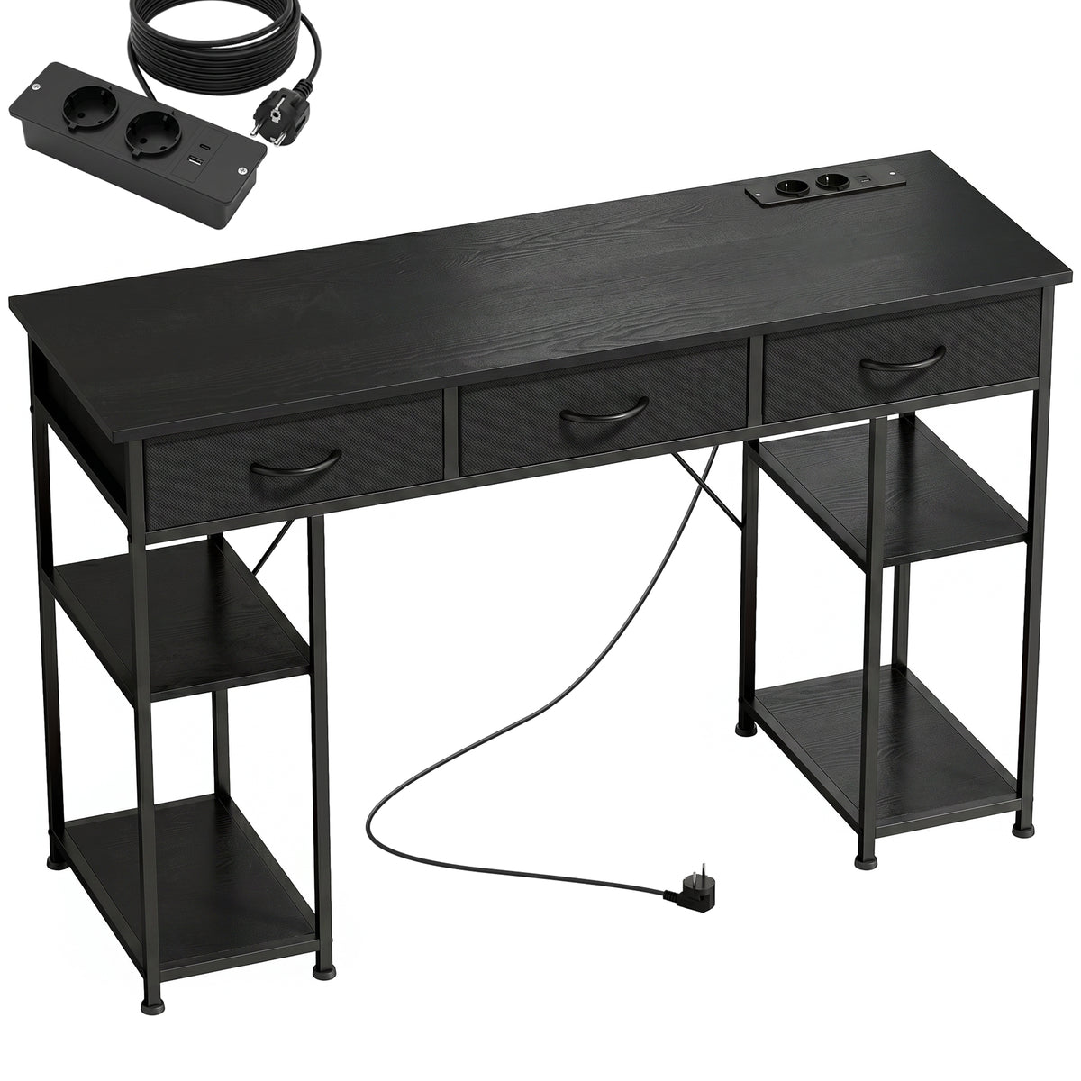 Bureau avec rangement avec prises de courant, 3 tiroirs en tissu et 4 étagères de rangement, 120 x 40 x 76 cm, noir-0