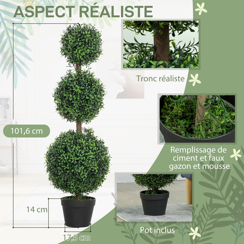 Lot de 2 arbres artificiels 101,6 cm 3 boules de buis topiaires fausse plante vert PE avec pot intérieur et extérieur-3
