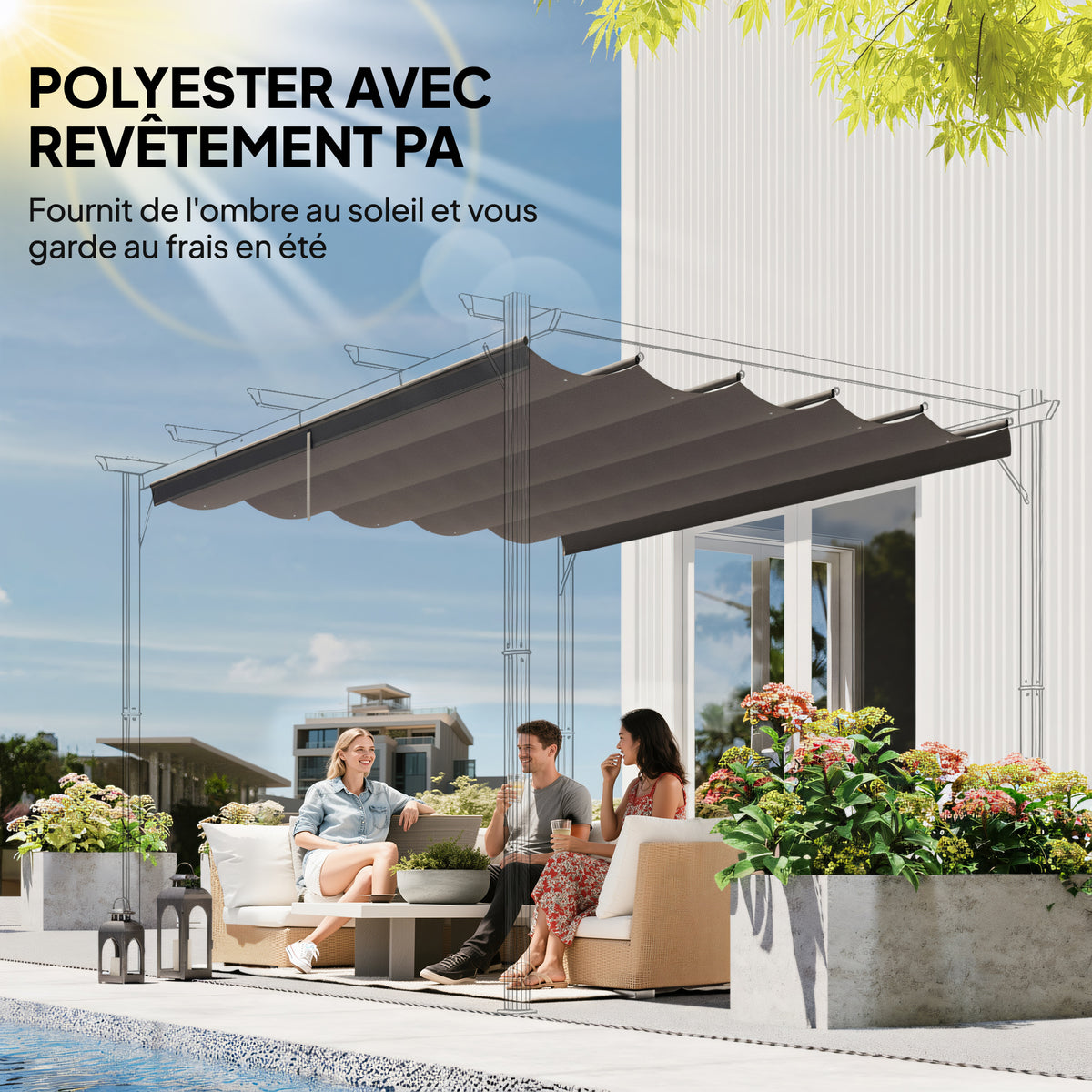 Toile de toit pour pergola tonnelle rétractable de 3 x 3 m - toile uniquement 250 x 255 cm gris clair-4