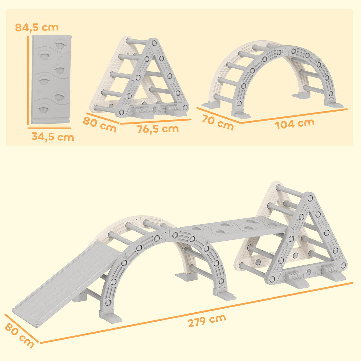 8 en 1 Triangle escalade enfants, arc d'escalade, rampe double-face pour grimper & glisser, 279 x 80 x 69 cm, gris-2
