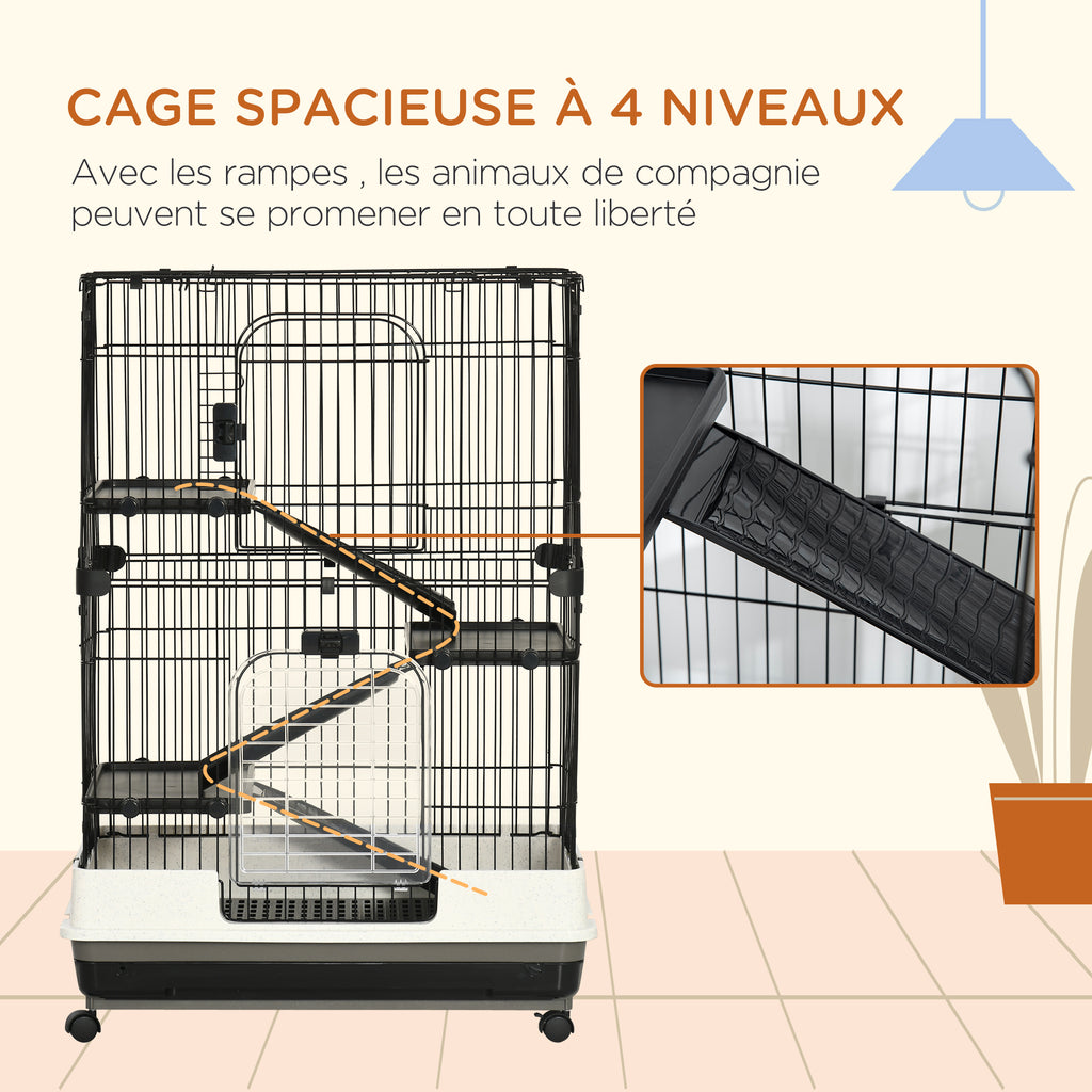 Cage pour petits animaux roulante 3 plates-formes démontables 3 rampes plateau inférieur amovible métal PP 81,2 x 52,7 x 114 cm noir-3