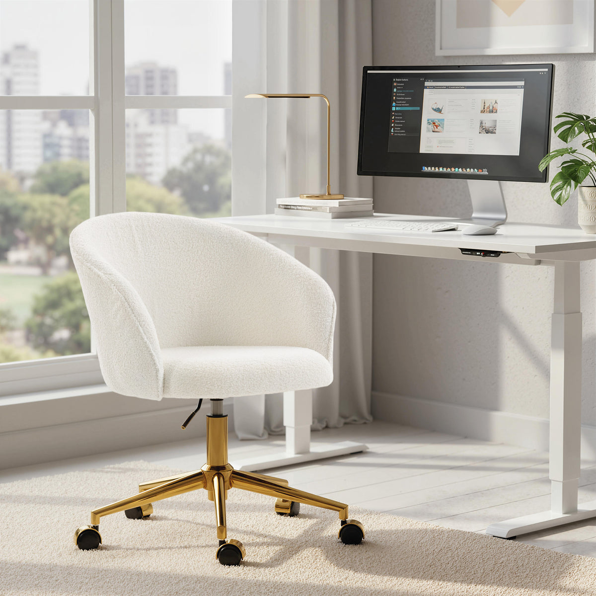 Chaise de bureau, fauteuil de bureau ergonomique réglable en hauteur, siège pivotante, piètement en acier, crème-1