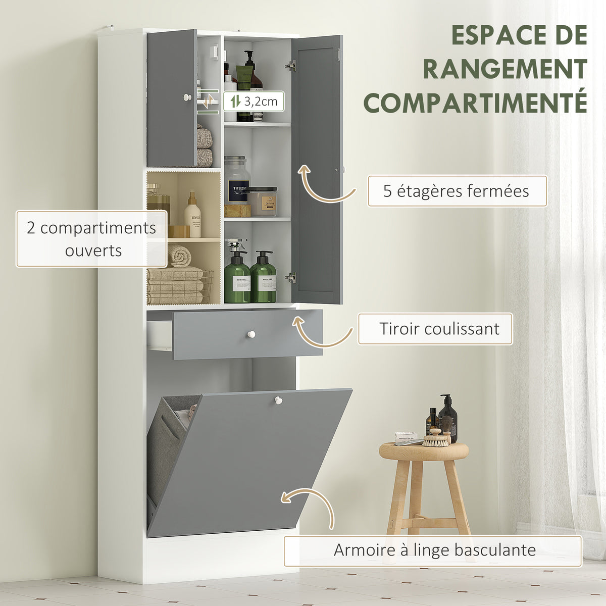 Meuble de salle de bain avec panier à linge et miroir étagère réglable 62 x 28,3 x 181 cm gris et blanc-3