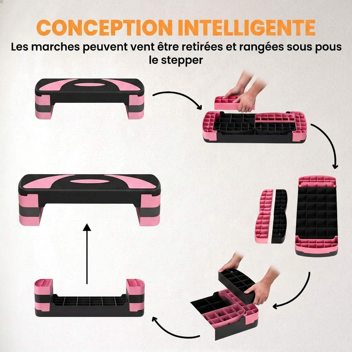 Stepper fitness aérobic hauteur réglable surface antidérapante 80 x 31 x 20 cm noir rose clair-4