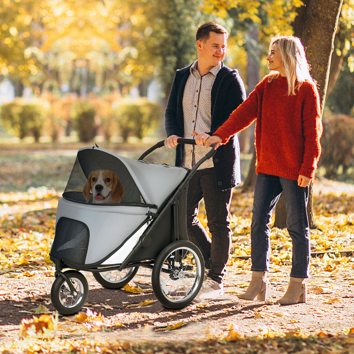 Poussette pour chien 3 roues avec pliage facile, sac de rangement, coussin souple, laisse de sécurité, gris-9