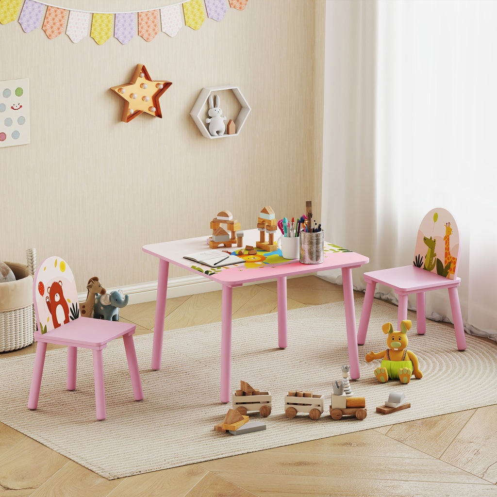 Table enfant avec chaise, ensemble table et 2 chaises en bois pour dessiner, jouer, étudier, rose-7
