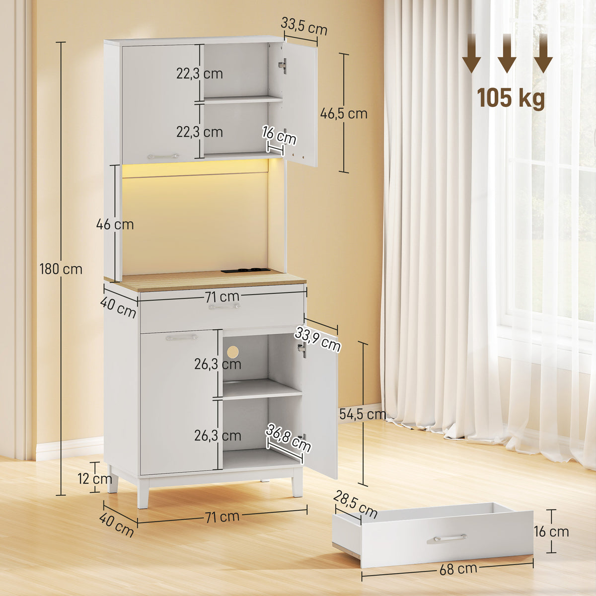 Buffet haut cuisine avec LED et station de charge, armoire de cuisine avec 4 portes, tiroir et plan de travail, blanc-2