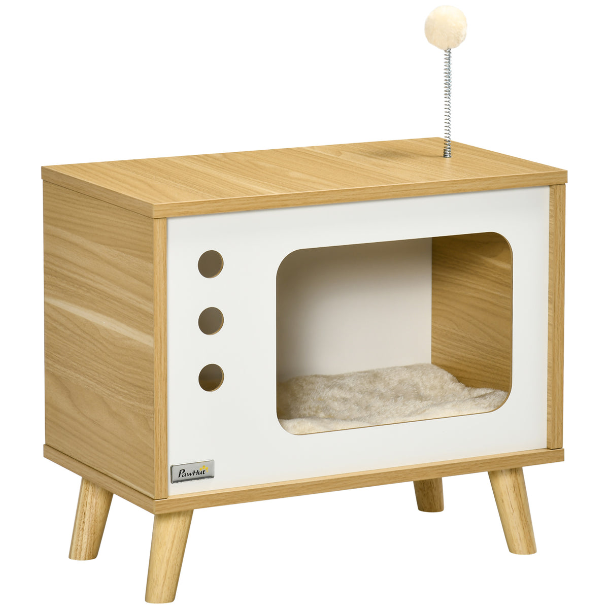 Maison niche pour chat forme de tv avec coussin douillet et balle rebondissante - 50 x 28 x 43 cm-0