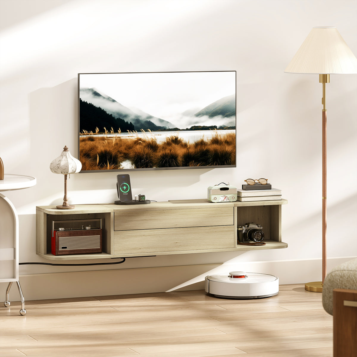 Meuble TV suspendu meuble télé pour téléviseur 50 pouces tiroir étagères passe-câbles 120x24x22,4cm effet bois naturel-1