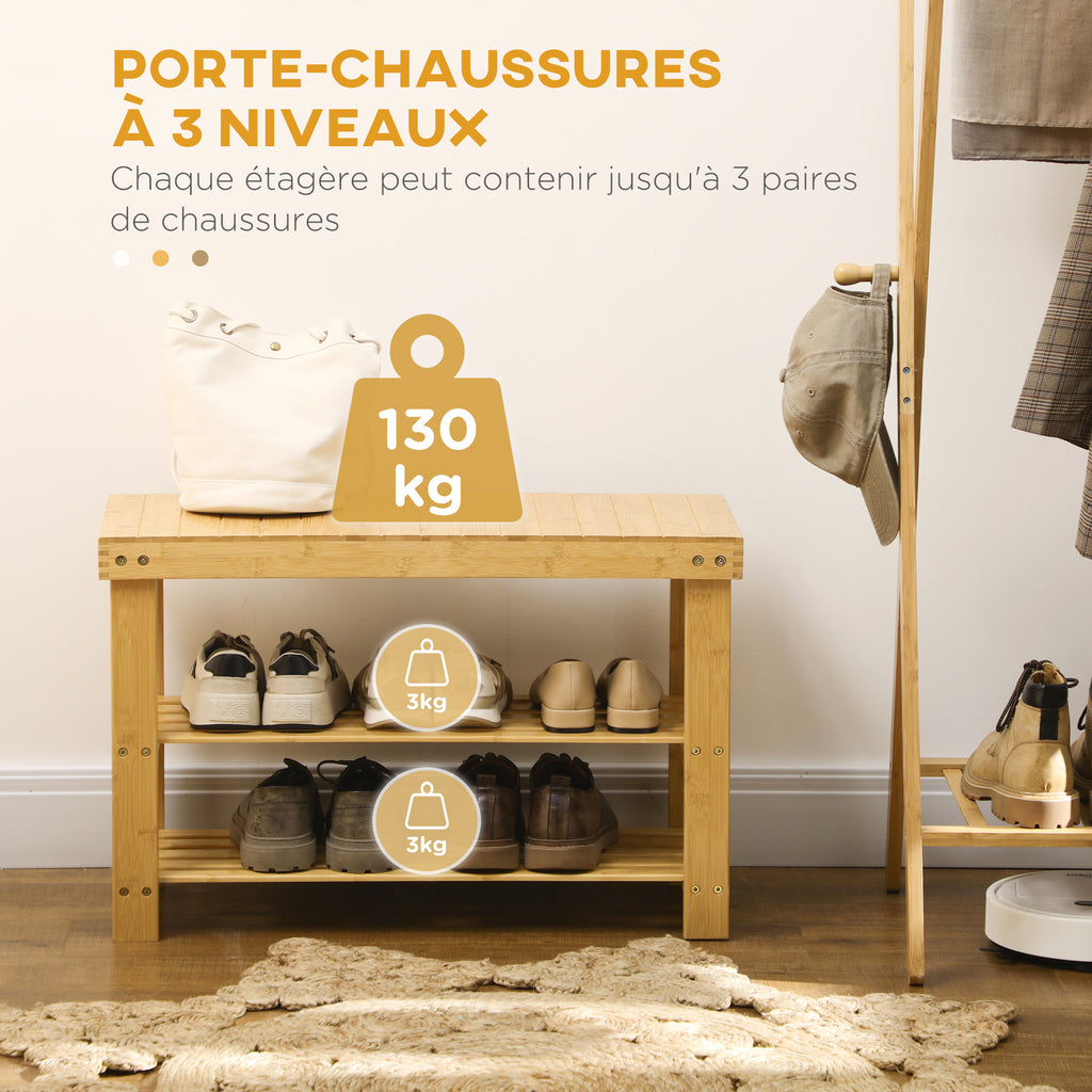 Banc avec meuble à chaussures étagères en bambou dim. 70L x 28l x 45H cm bois naturel-3